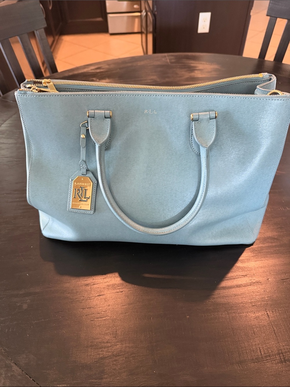 Ralph Lauren Powder Blue Leather Tote with Gold Hardware